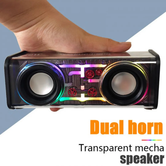 Dual Horn Transparent Mecha Bluetooth Speaker | RGB Lights | Hi-Fi Stereo Sound