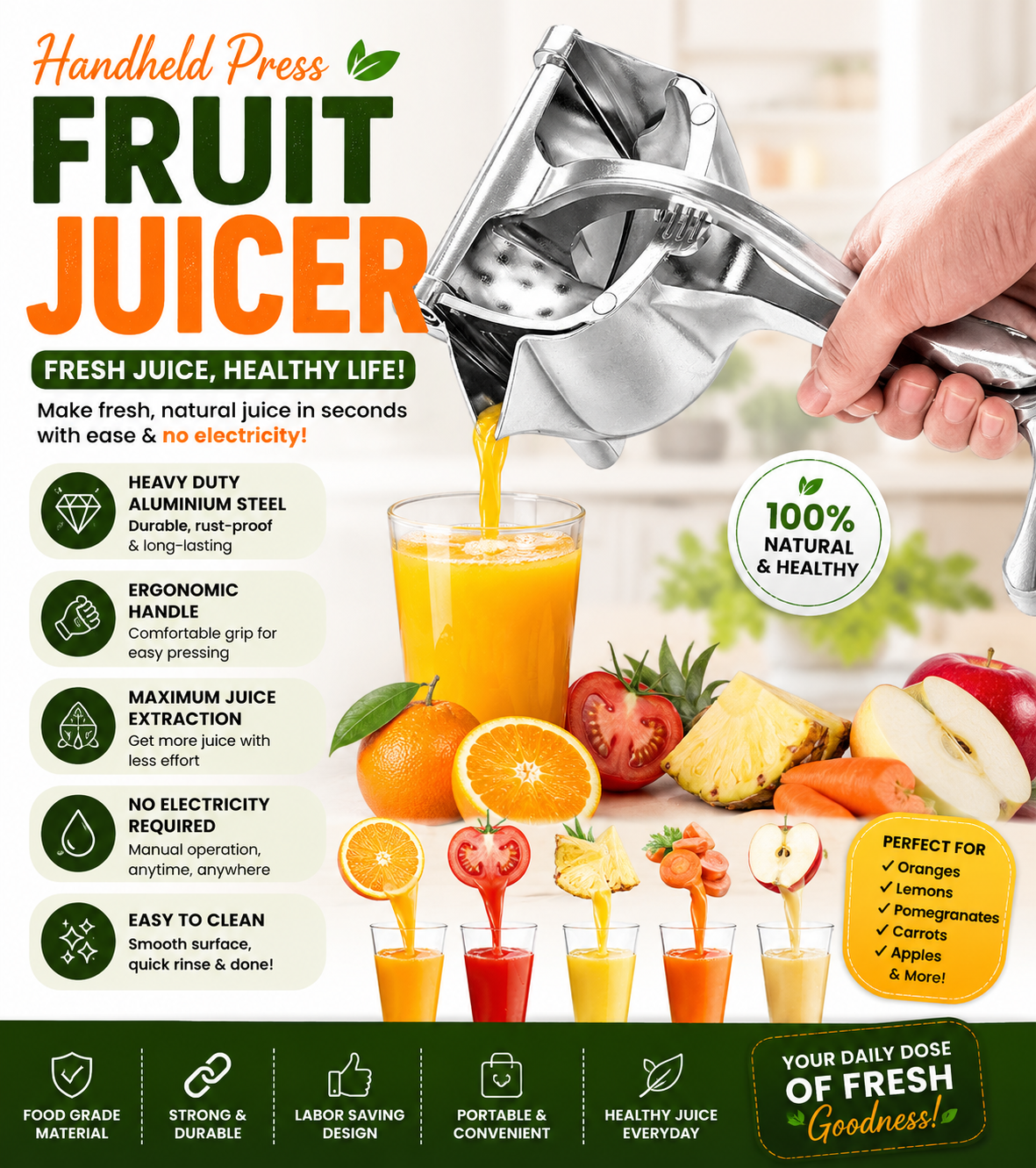 Heavy Duty Manual Fruit Juicer – Aluminium Steel Handheld Citrus & Fruit Press Juicer