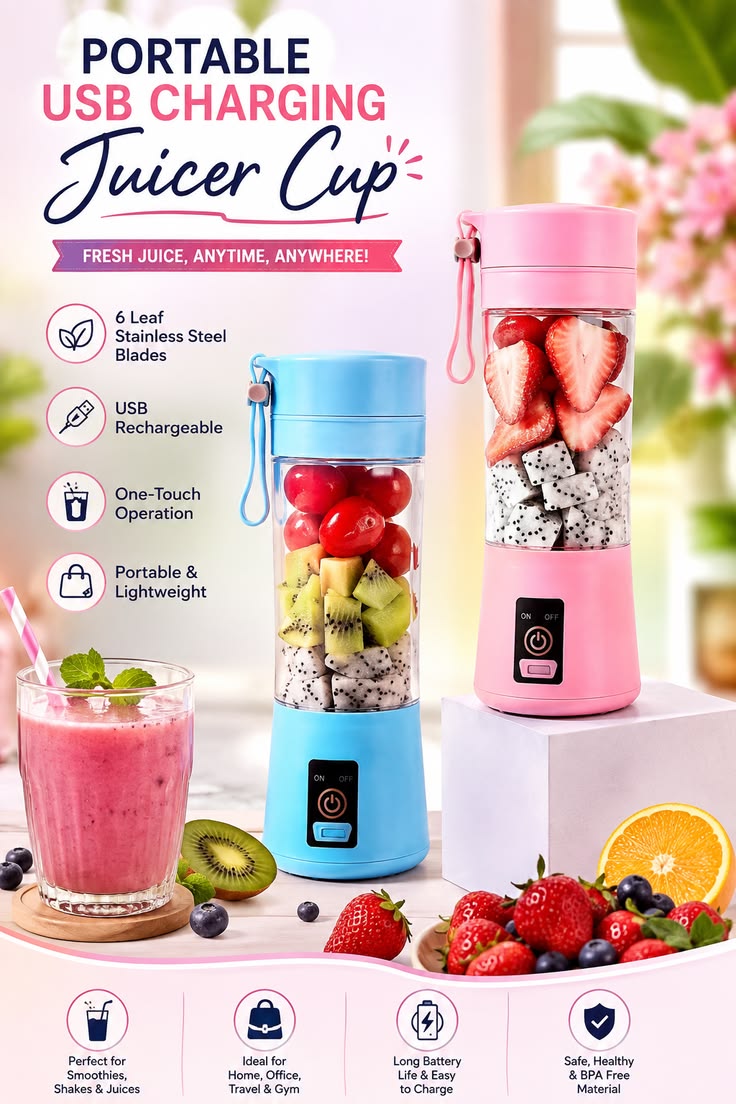 Mini Cup Fruit Juicer Blender – Portable USB Rechargeable Juice & Smoothie Maker
