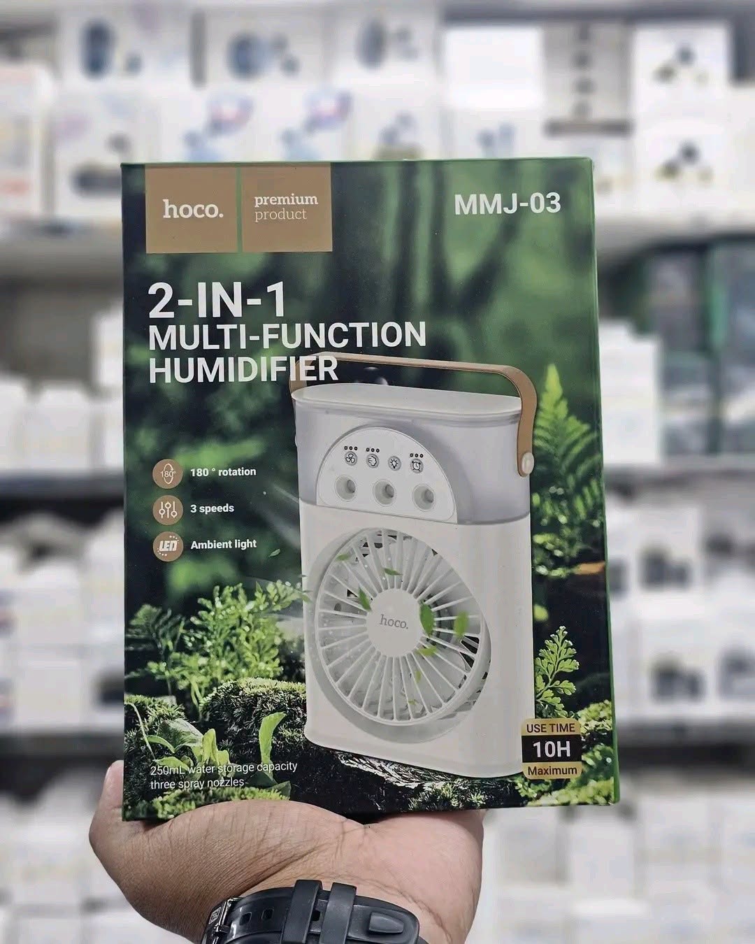 Hoco MMJ03 2-in-1 Portable Humidifier & Cooling Fan with Ambient LED Light, 180° Rotation, 250ml Water Tank
