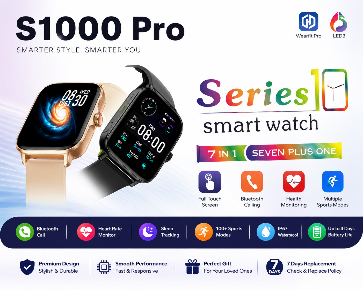 Smart Watch S1000 Pro Series 10 – 7-in-1 Fitness & Sports Smartwatch with Call & Message Features