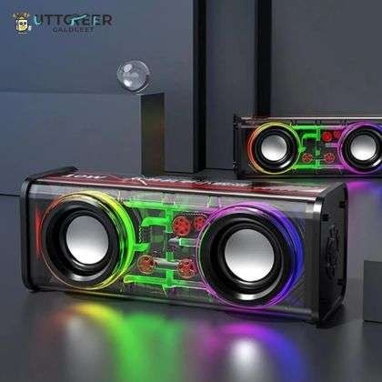 Dual Horn Transparent Mecha Bluetooth Speaker | RGB Lights | Hi-Fi Stereo Sound
