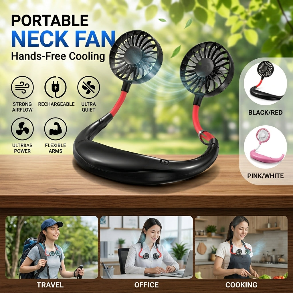 Portable Neck Fan Dual Cooling Fan | Hands-Free Rechargeable Personal Cooling Fan