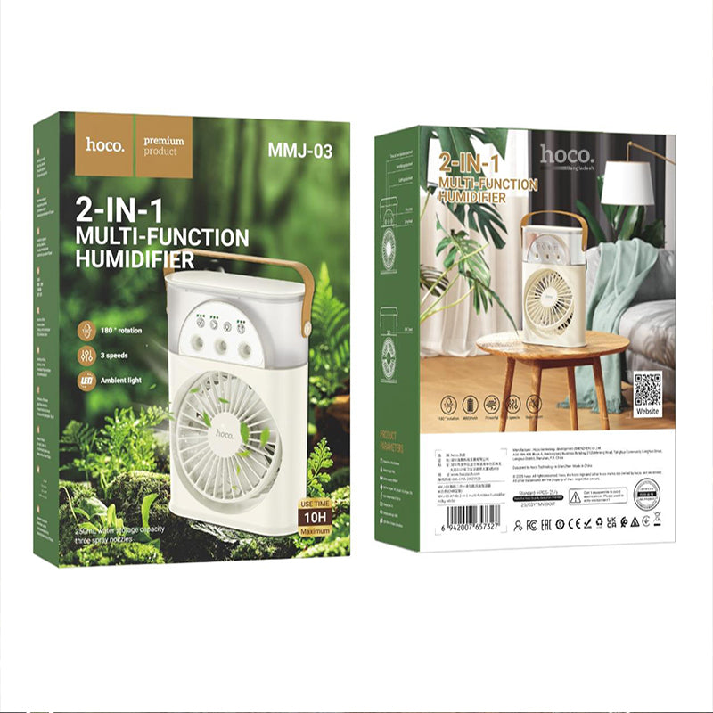 Hoco MMJ03 2-in-1 Portable Humidifier & Cooling Fan with Ambient LED Light, 180° Rotation, 250ml Water Tank