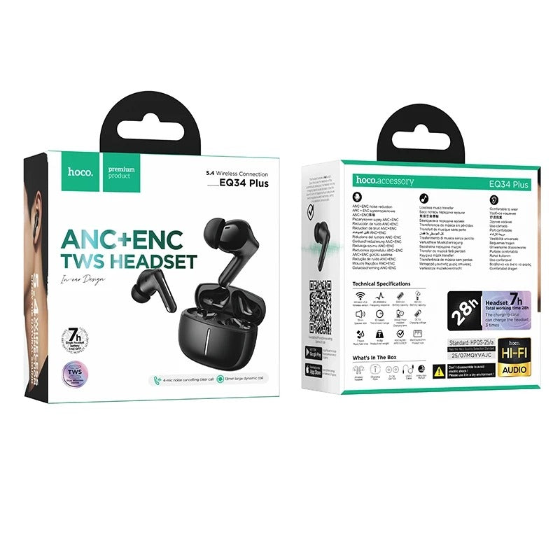 Hoco EQ34 Plus ANC ENC Wireless Bluetooth 5.4 Earbuds with 28H Playtime