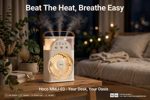 Hoco MMJ03 2-in-1 Portable Humidifier & Cooling Fan with Ambient LED Light, 180° Rotation, 250ml Water Tank