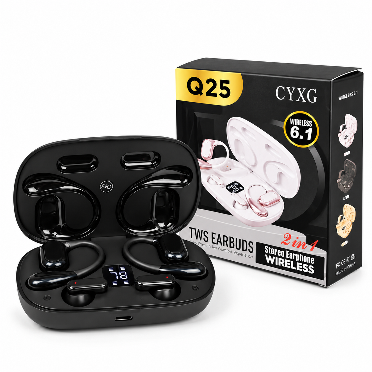 Q25 2-in-1 Couple Soft Ear Hooks TWS Wireless Earbuds – LED Digital Display