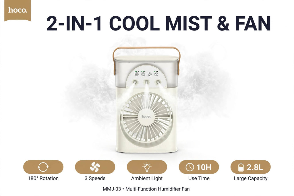 Hoco MMJ03 2-in-1 Portable Humidifier & Cooling Fan with Ambient LED Light, 180° Rotation, 250ml Water Tank