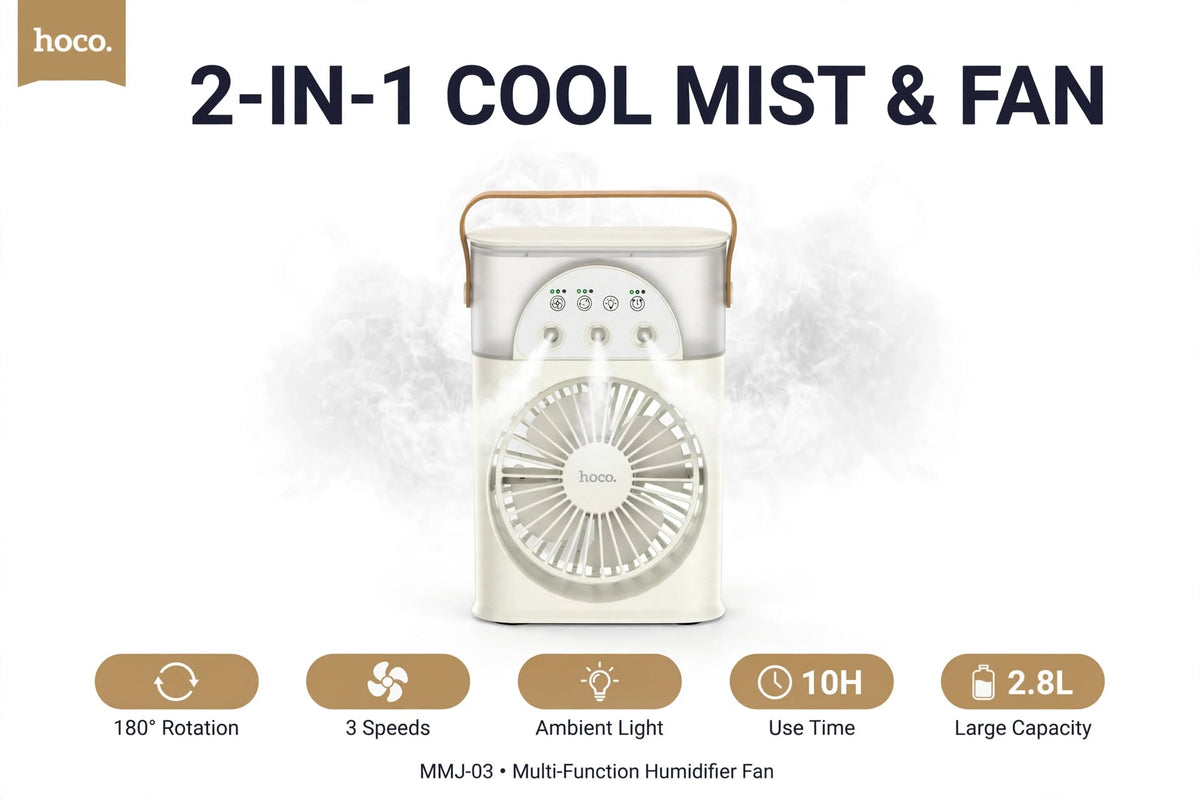 Hoco MMJ03 2-in-1 Portable Humidifier & Cooling Fan with Ambient LED Light, 180° Rotation, 250ml Water Tank
