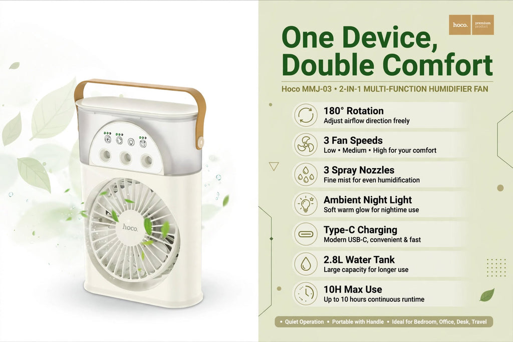 Hoco MMJ03 2-in-1 Portable Humidifier & Cooling Fan with Ambient LED Light, 180° Rotation, 250ml Water Tank
