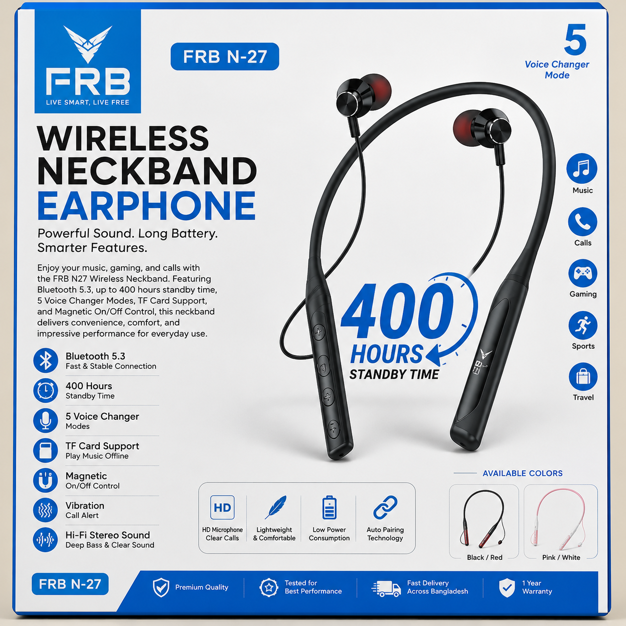 FRB N27 Wireless Neckband Bluetooth 5.3 Earphone | 400H Standby | 5 Voice Changer Modes | TF Card Support