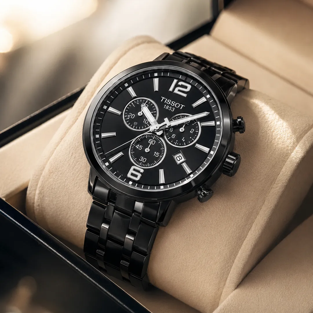 Tissot Premium Chronograph Men's Watch – Swiss Quartz Sapphire Crystal Black Stainless Steel