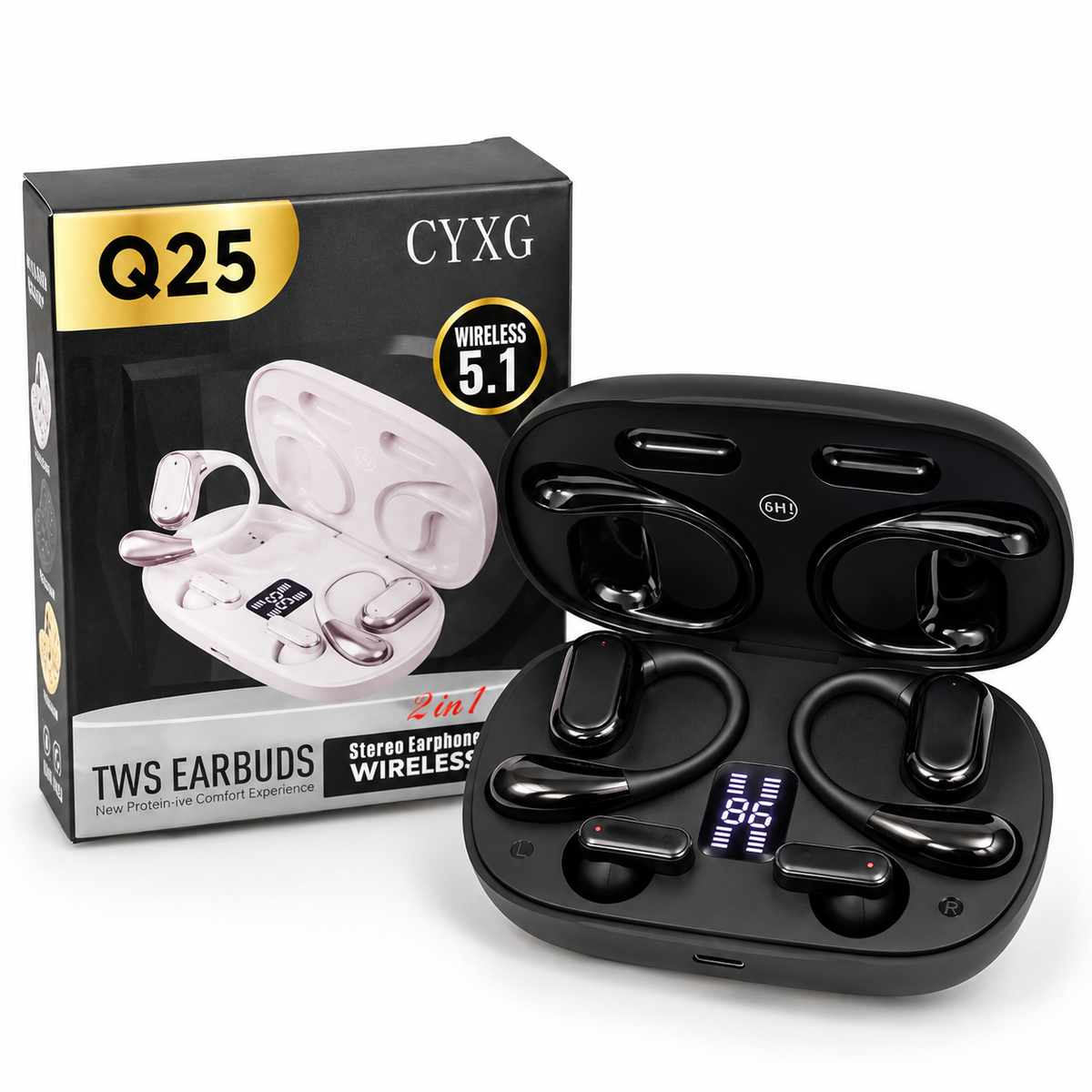 Q25 2-in-1 Couple Soft Ear Hooks TWS Wireless Earbuds – LED Digital Display